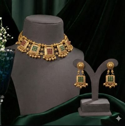 Traditional Square Kundan Choker Necklace Set with Multicolor Stones – 92.5 Silver Gold Plated Jewellery | Divine Jewellery