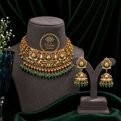 Traditional Temple Choker Necklace Set with Green Drops & Kundan Work – 92.5 Silver Gold Plated Jewellery