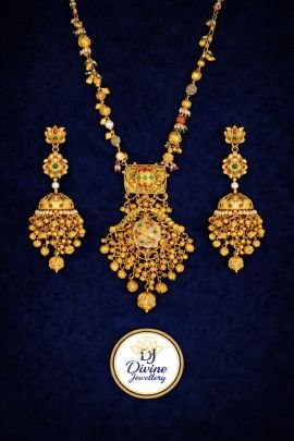 Traditional Temple Long Necklace Set with Jhumka Earrings & Meenakari Work | 92.5 Silver Gold Plated | Divine Jewellery