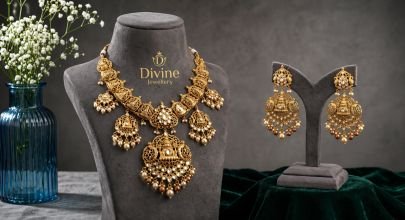 Traditional Temple Necklace Set with Goddess Pendant & Pearl Drops – 92.5 Silver Gold Plated