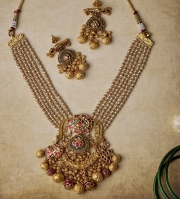 Traditional Temple Pearl Multi-Strand Necklace Set with Statement Pendant & Earrings – 92.5 Silver Gold Plated Bridal Jewellery | Divine Jewellery