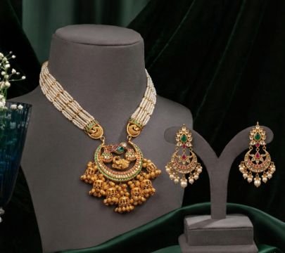 Traditional Temple Pendant Necklace Set with Pearl Layers & Chandbali Earrings – 92.5 Silver Gold Plated Jewellery | Divine Jewellery