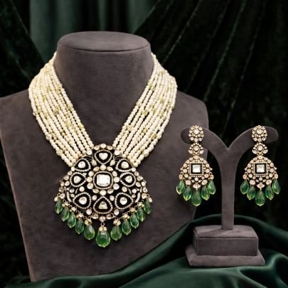 Victorian Polki Pearl Necklace Set with Black Enamel & Green Drops | 92.5 Silver Gold Plated Jewellery by Divine Jewellery