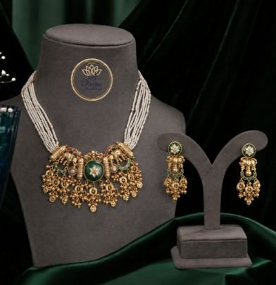 ZECARAT Green Stone Pearl Necklace Set for Women & Girls, Gold Plated Traditional Statement Jewellery Set with Matching Dangle Earrings for Wedding, P