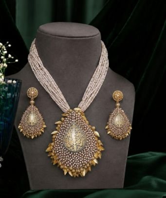 ZECARAT Pearl Layered Necklace Set for Women & Girls, Gold Plated Traditional Pendant Jewellery Set with Matching Earrings for Wedding, Party, Festive